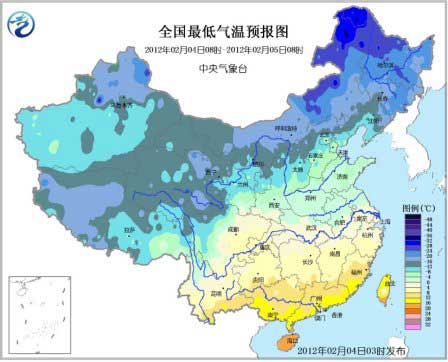 全國(guó)最低氣溫預(yù)報(bào)圖。