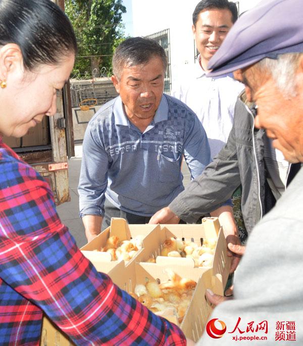 村民高興地領(lǐng)取雞苗。